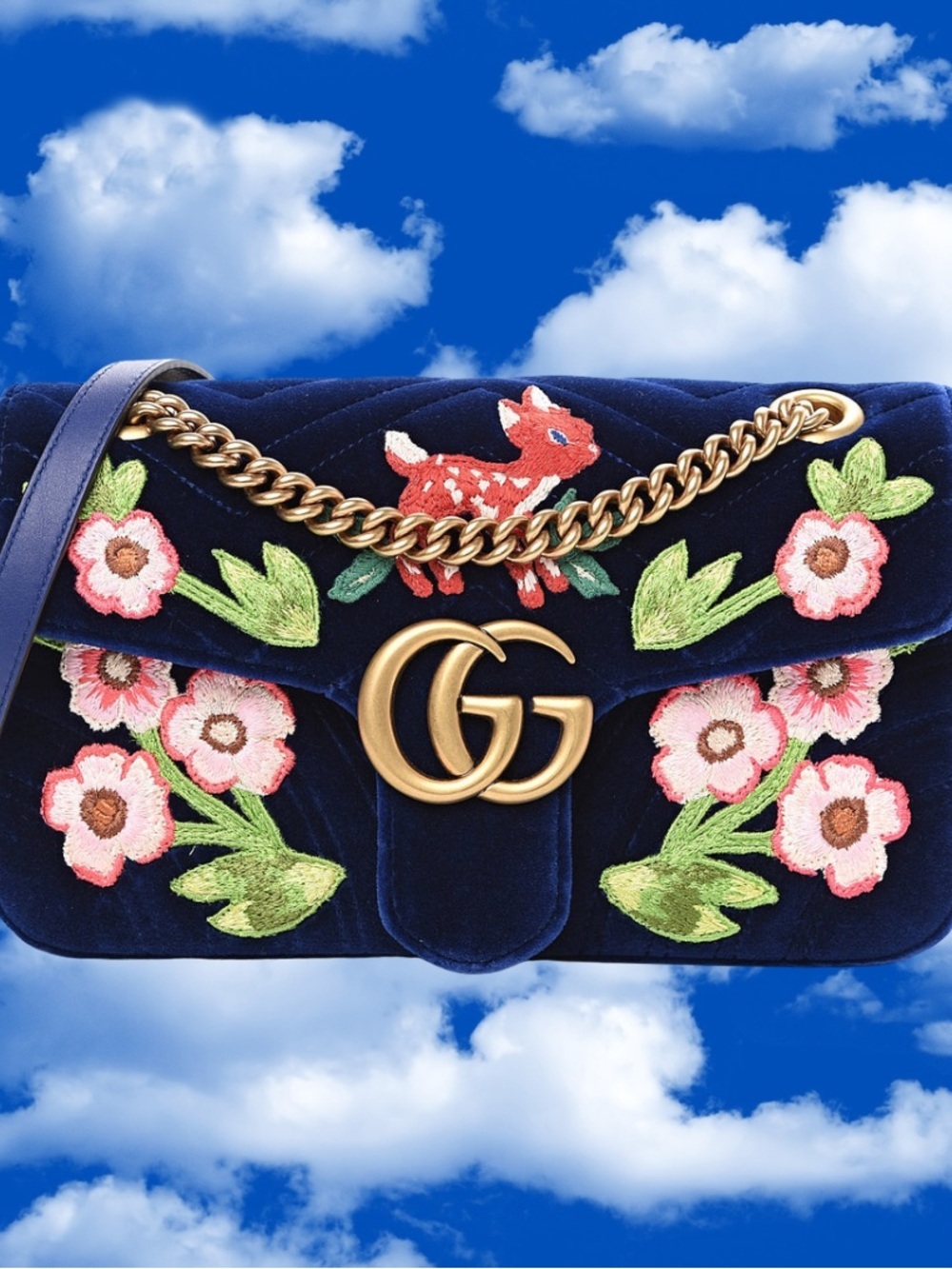 GUCCI Velvet Matelasse Deer Embroidered Small GG Marmont Shoulder Bag Cobalt
